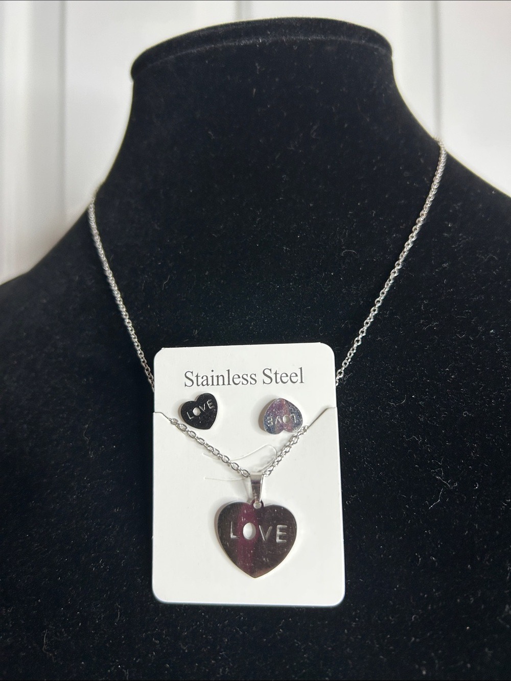 Love Stainless Steel Heart Pendant Necklace and Stud Earrings - Stainless Steel